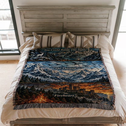 Terrasen Stained Glass Woven Throw Blanket on a bed