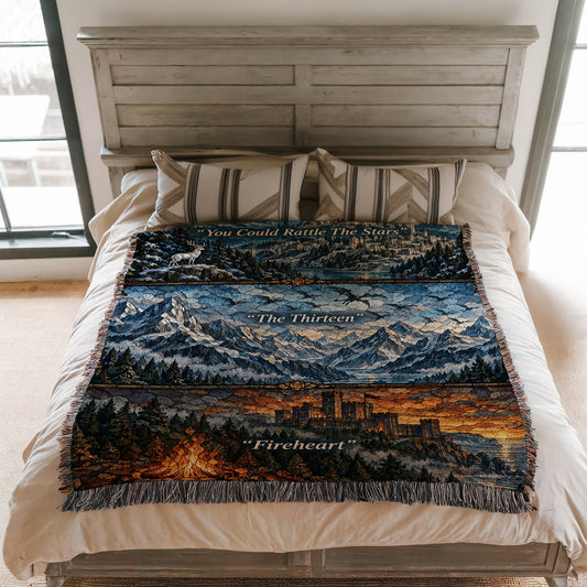 Terrasen Stained Glass Woven Throw Blanket on a bed