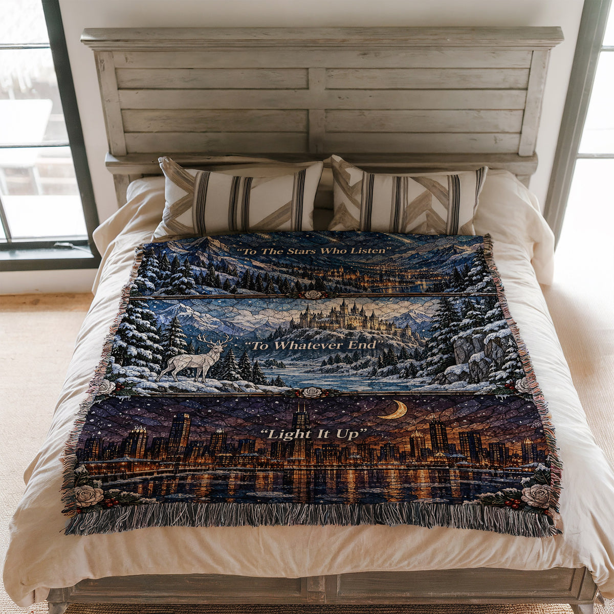 Winter Maasverse Stained Glass Woven Throw Blanket on a bed