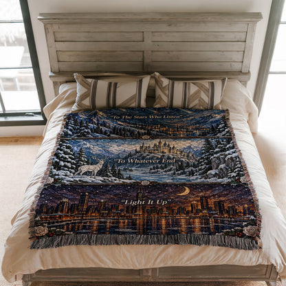 Winter Maasverse Stained Glass Woven Throw Blanket on a bed