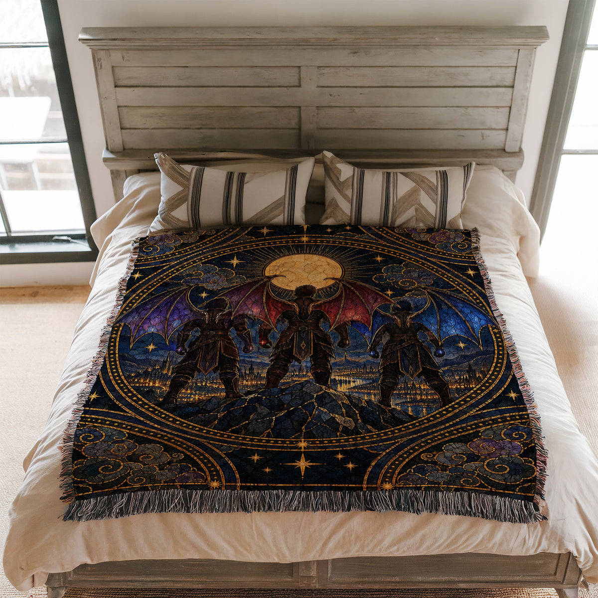 Illyrian Trio Stained Glass Woven Throw Blanket on a bed