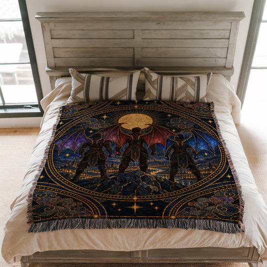 Illyrian Trio Stained Glass Woven Throw Blanket on a bed