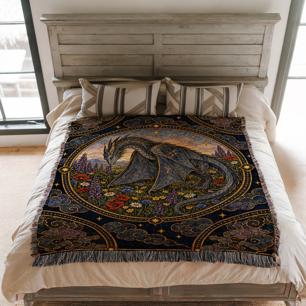 Abraxos in Bloom Stained Glass Woven Throw Blanket on a bed