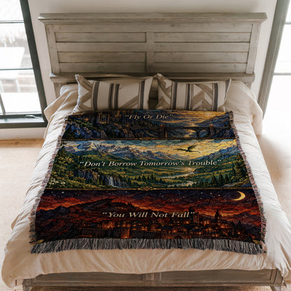 Empyrean Stained Glass Woven Throw Blanket on a bed