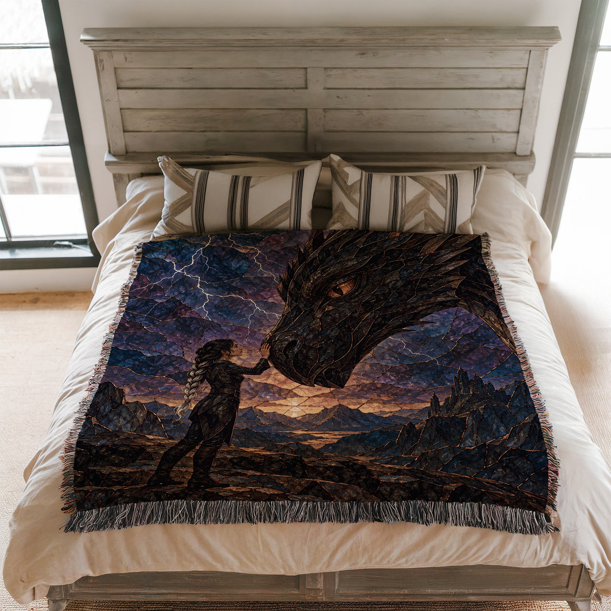 Dragon Rider Woven Throw Blanket on a bed