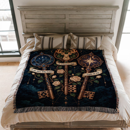 Bookish Maasverse Woven Throw Blanket on a bed