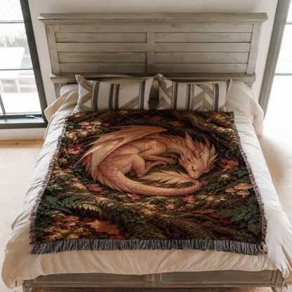 Golden Dragon Woven Throw Blanket on a bed