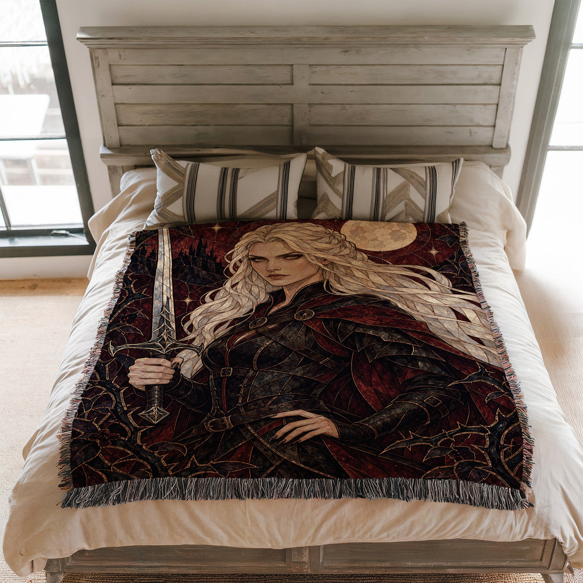 Iron Queen Woven Throw Blanket on a bed