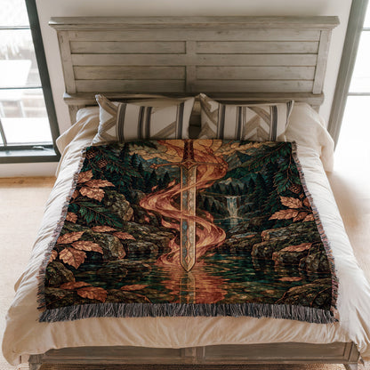 Goldryn Woven Throw Blanket on a bed