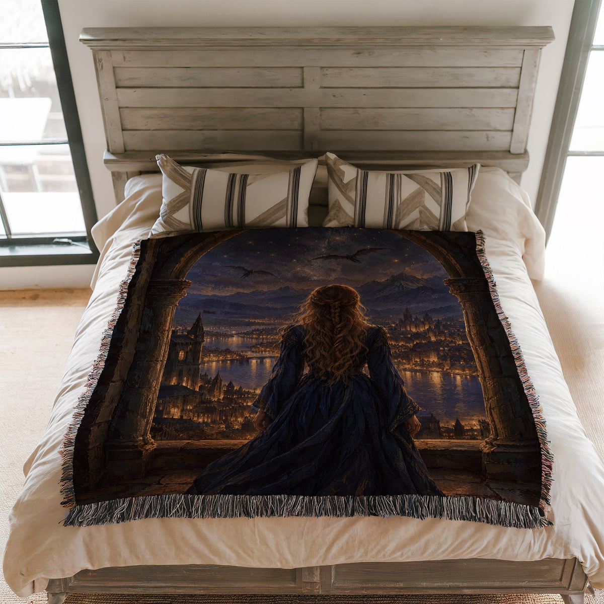 Feyre over Velaris Woven Throw Blanket on a bed