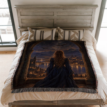 Feyre over Velaris Woven Throw Blanket on a bed