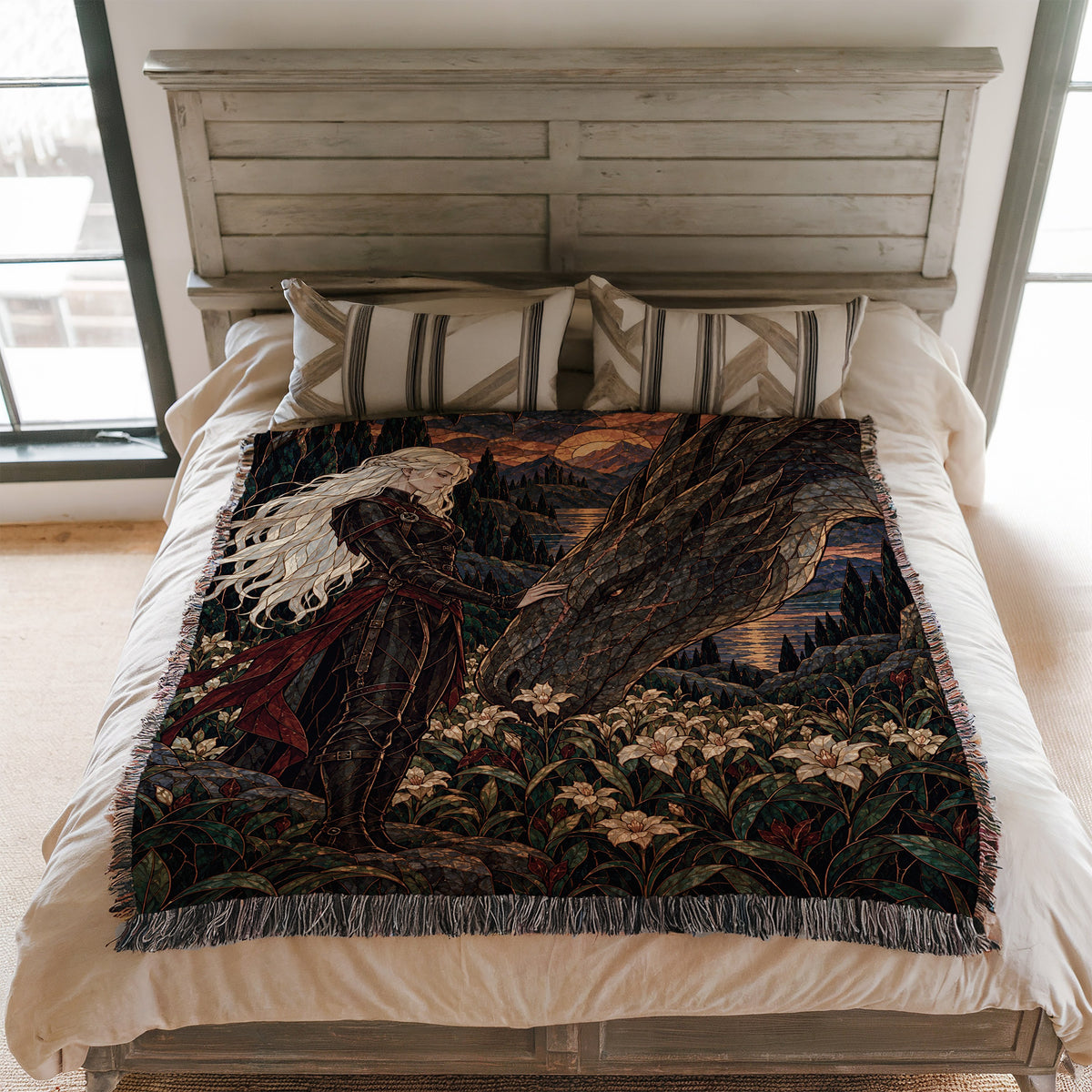Wildflower Truce Woven Throw Blanket on a bed