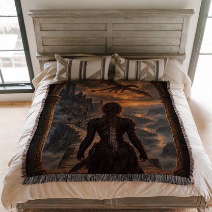 Violet at the Parapet Woven Throw Blanket on a bed
