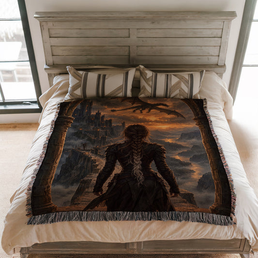 Violet at the Parapet Woven Throw Blanket on a bed
