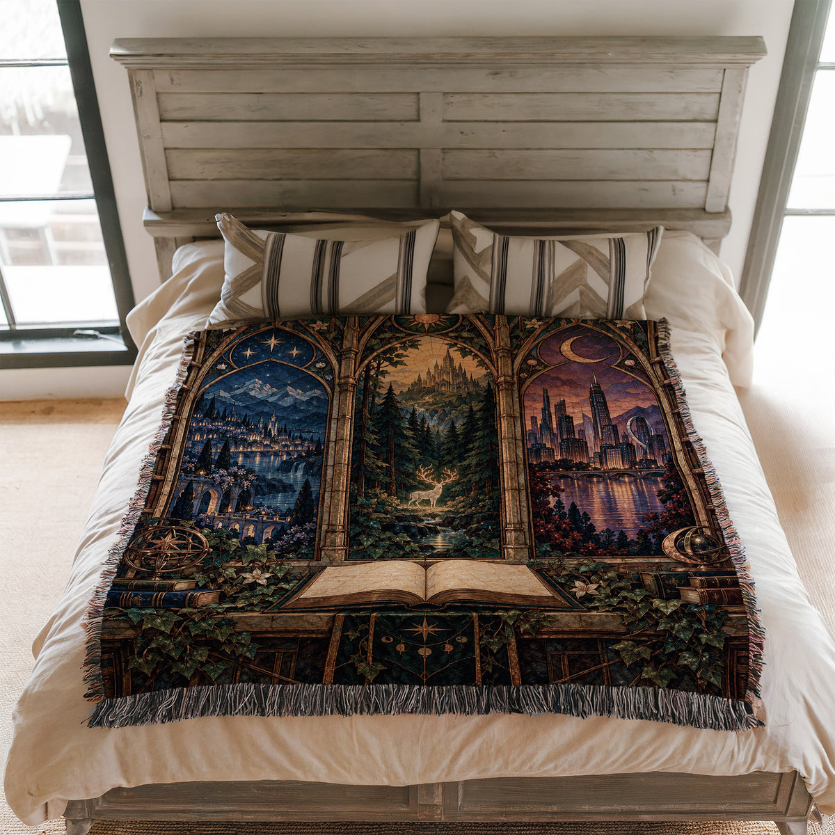 Maasverse Realms Woven Throw Blanket on a bed