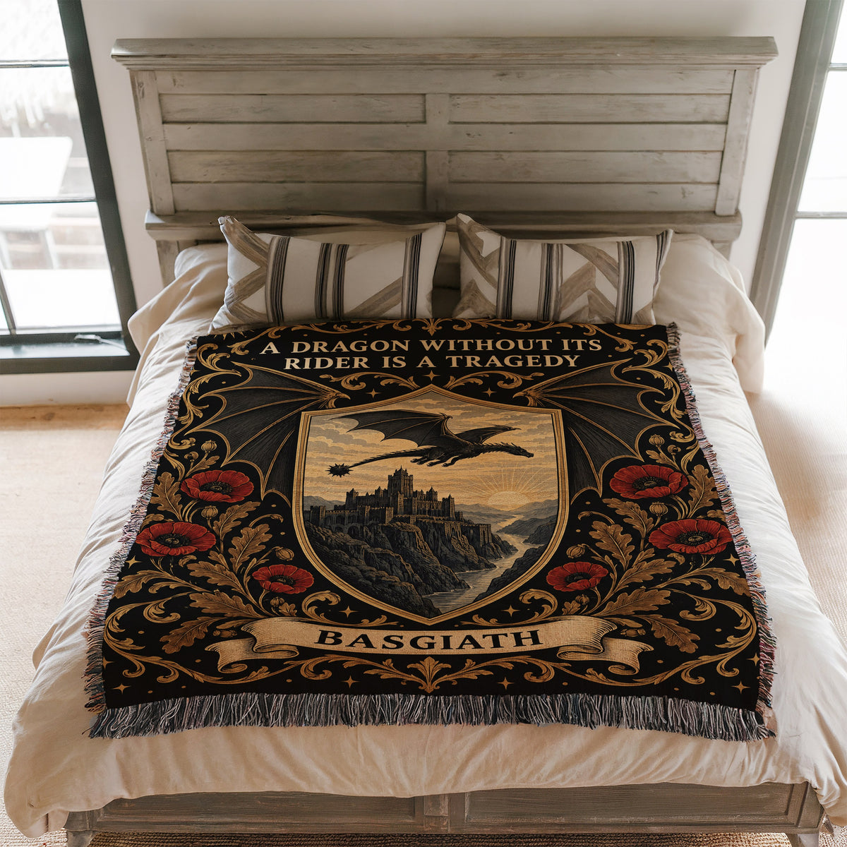 Basgiath Dragon Rider Crest Woven Throw Blanket on a bed