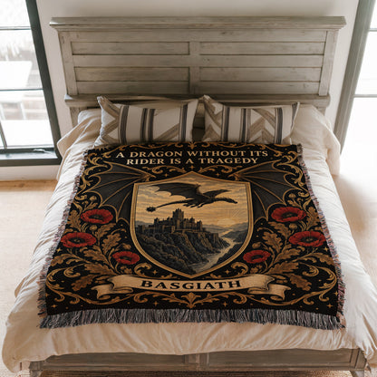 Basgiath Dragon Rider Crest Woven Throw Blanket on a bed