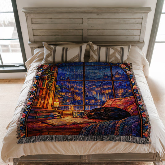 The Reader's Window Stained Glass Woven Throw Blanket on a bed