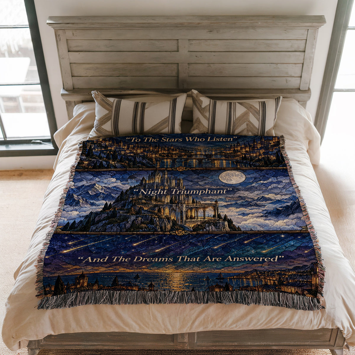 Night Court Stained Glass Woven Throw Blanket on a bed