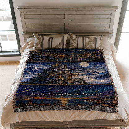 Night Court Stained Glass Woven Throw Blanket on a bed