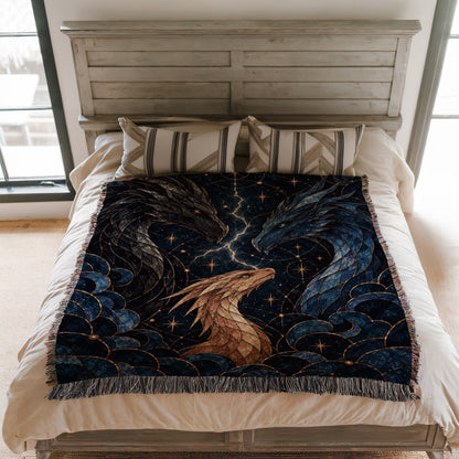 Dragon Bond Woven Throw Blanket on a bed