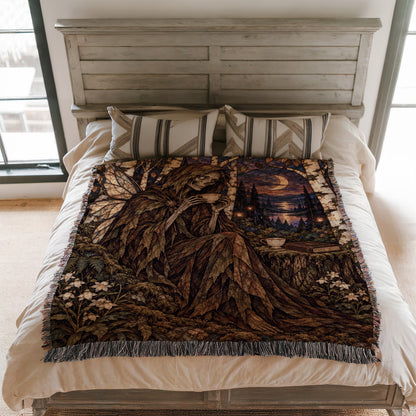 Suriel Tea Woven Throw Blanket on a bed