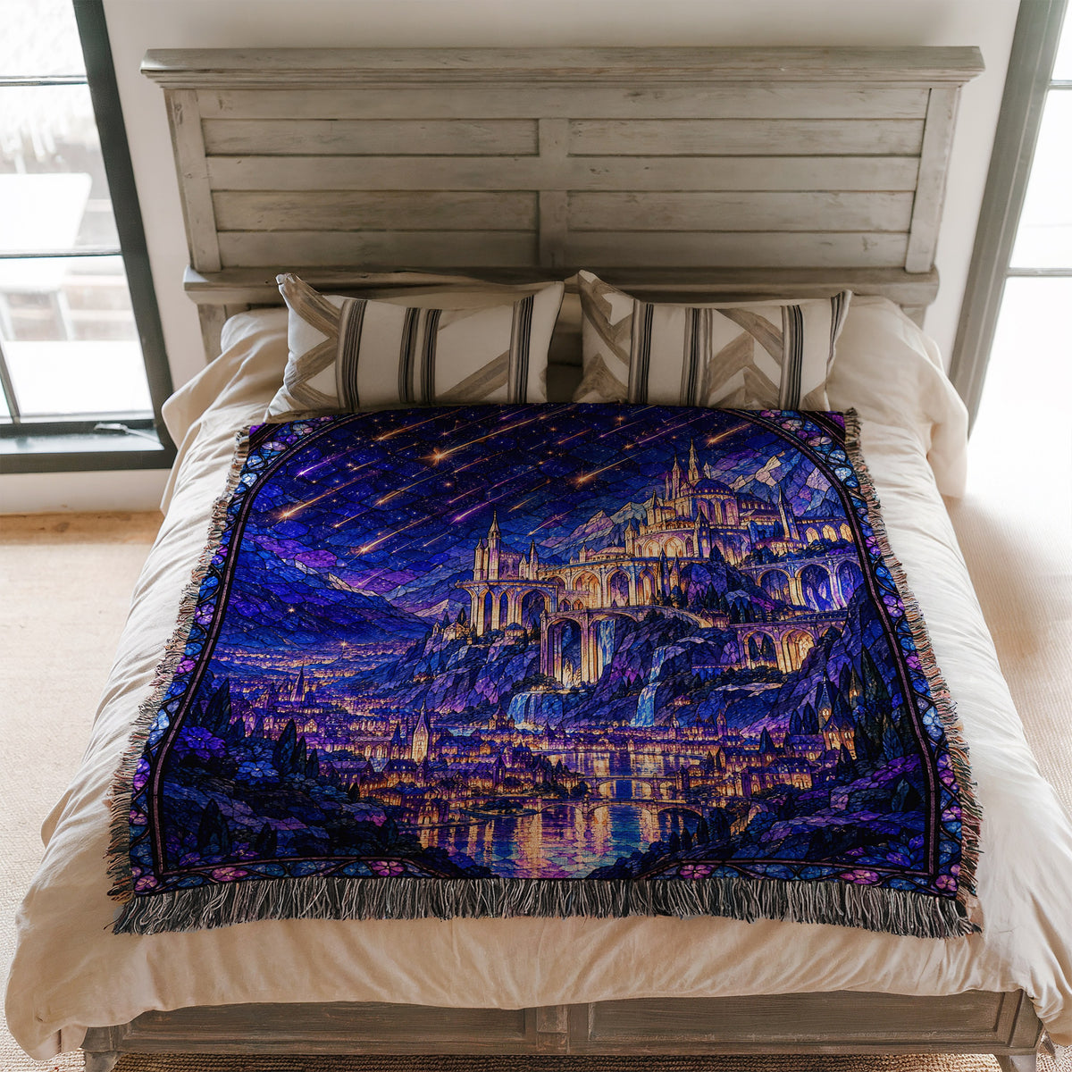 Starfall over Velaris Stained Glass Woven Throw Blanket on a bed