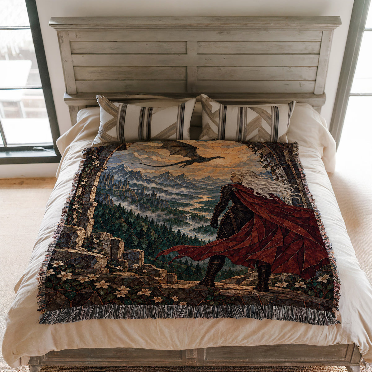 Wyvern at the Mountain Pass Woven Throw Blanket on a bed