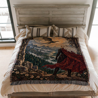 Wyvern at the Mountain Pass Woven Throw Blanket on a bed