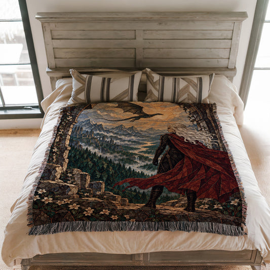Wyvern at the Mountain Pass Woven Throw Blanket on a bed