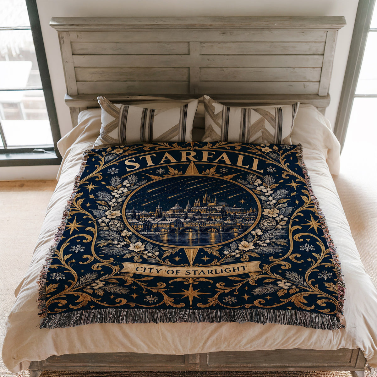 Starfall City of Starlight Crest Woven Throw Blanket on a bed