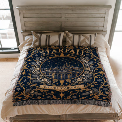 Starfall City of Starlight Crest Woven Throw Blanket on a bed