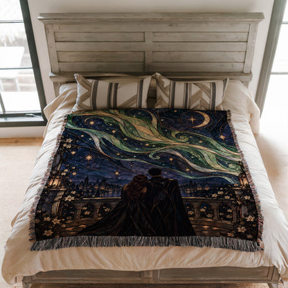 Starfall Stained Glass Woven Throw Blanket on a bed