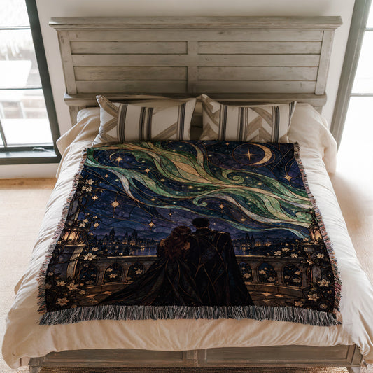 Starfall Stained Glass Woven Throw Blanket on a bed