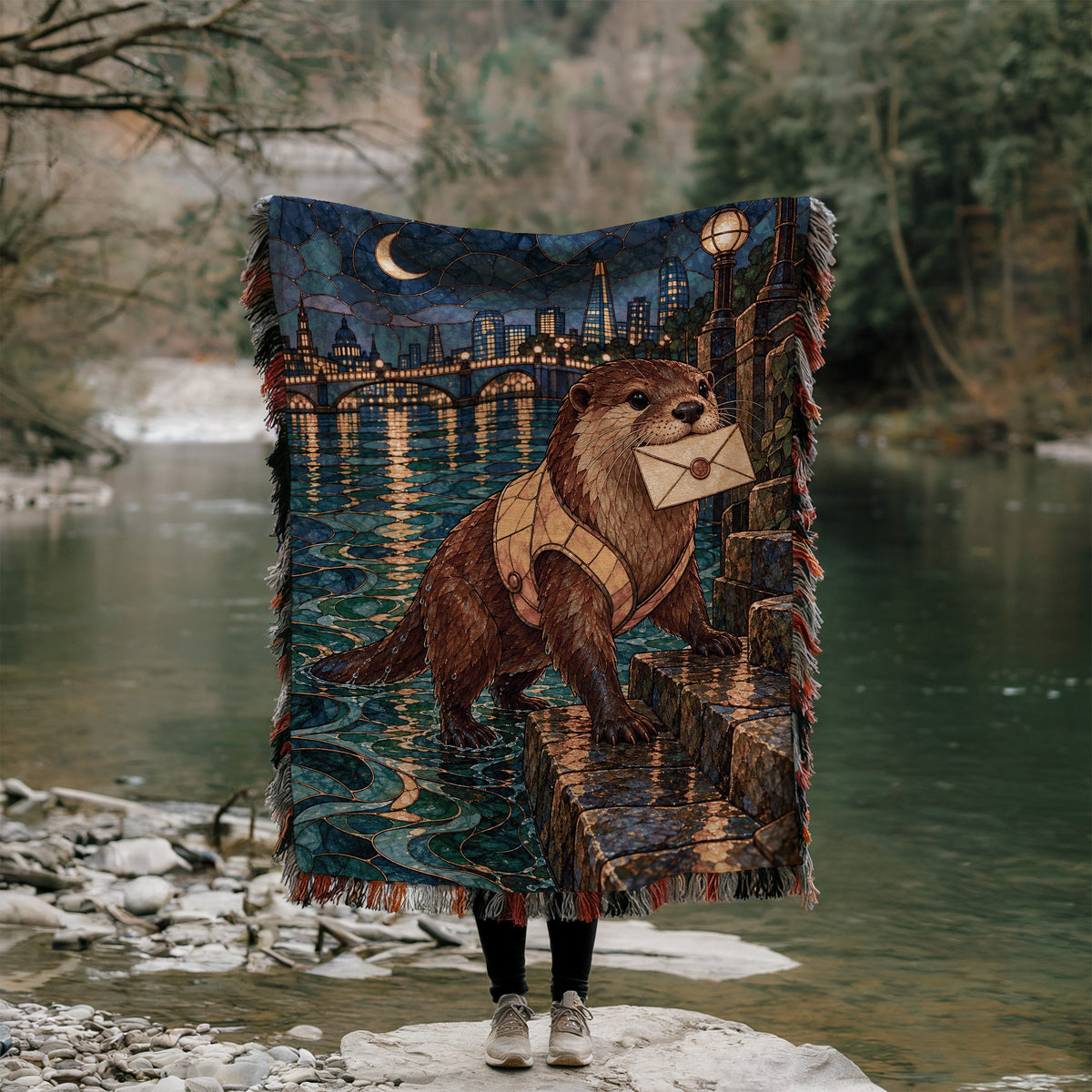 Otter Woven Throw Blanket held up outdoors by a river