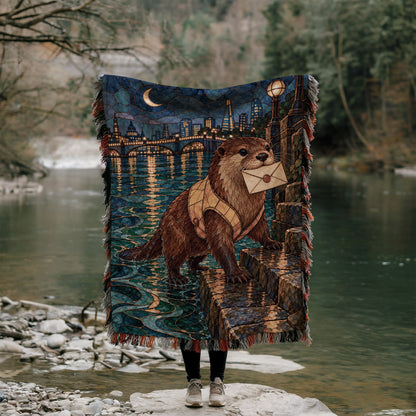 Otter Woven Throw Blanket held up outdoors by a river
