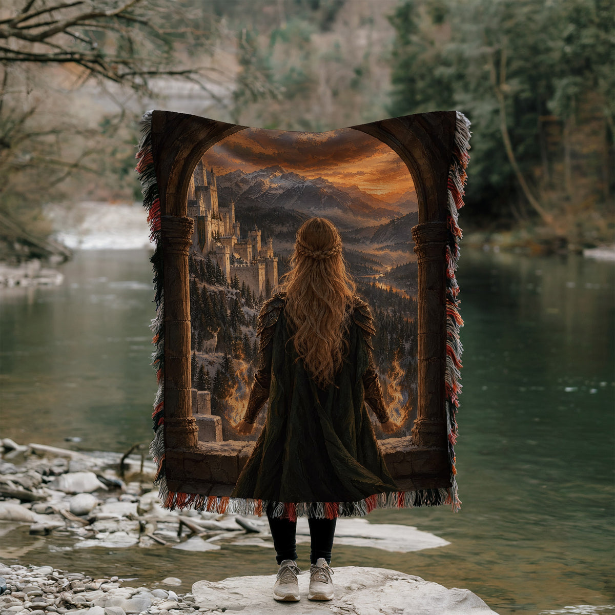 Aelin on the Walls of Orynth Woven Throw Blanket held up by a river