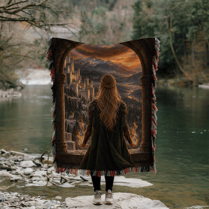 Aelin on the Walls of Orynth Woven Throw Blanket held up by a river