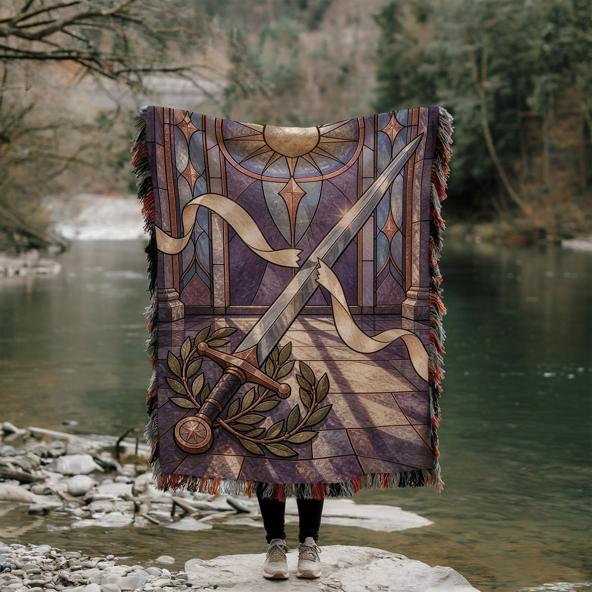 Radiant Blade Woven Throw Blanket held up outdoors by a river