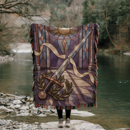 Radiant Blade Woven Throw Blanket held up outdoors by a river