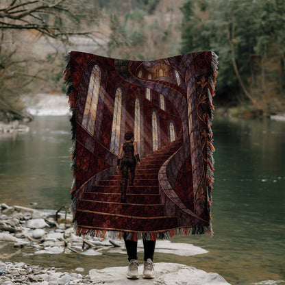 Nesta's Staircase Woven Throw Blanket held up outdoors by a river