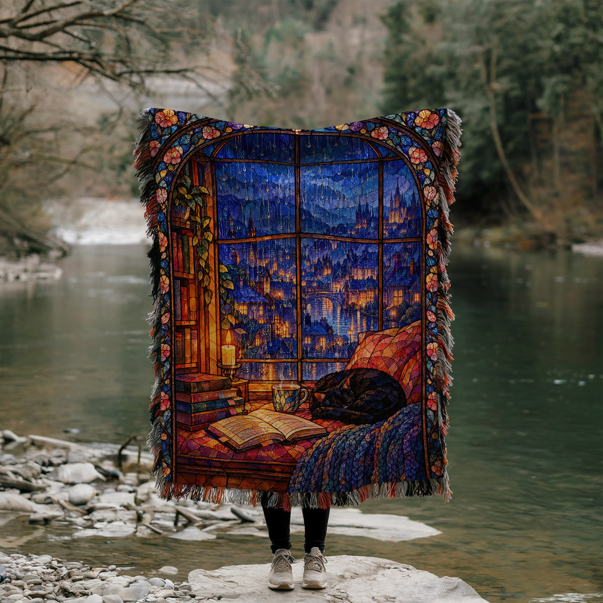 The Reader's Window Stained Glass Woven Throw Blanket held up by a river
