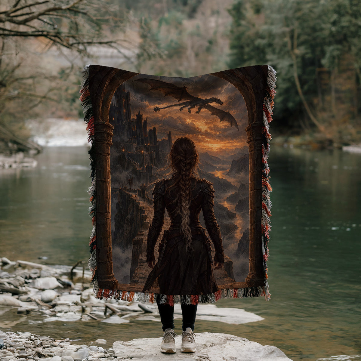 Violet at the Parapet Woven Throw Blanket held up by a river