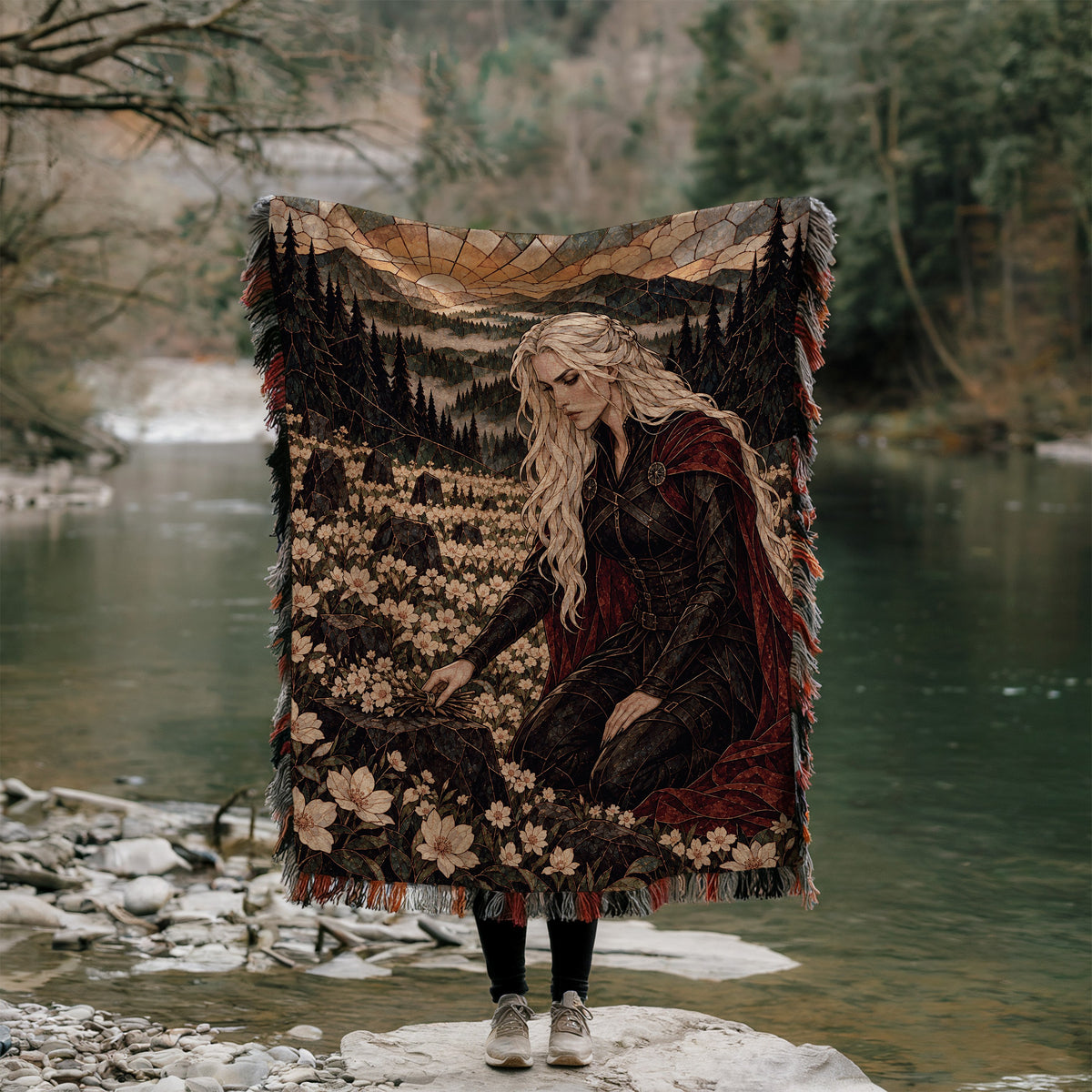 Flowers for the Fallen Woven Throw Blanket held up outdoors by a river