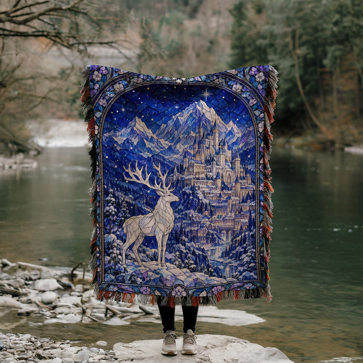 Orynth in Winter Stained Glass Woven Throw Blanket held up by a river