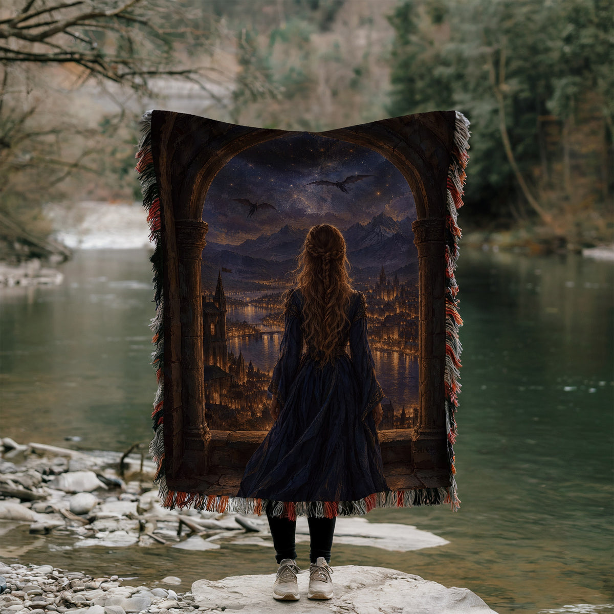 Feyre over Velaris Woven Throw Blanket held up by a river