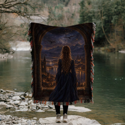 Feyre over Velaris Woven Throw Blanket held up by a river