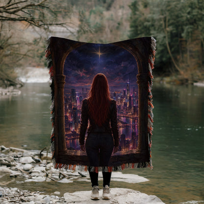 Bryce over Lunathion Woven Throw Blanket held up by a river
