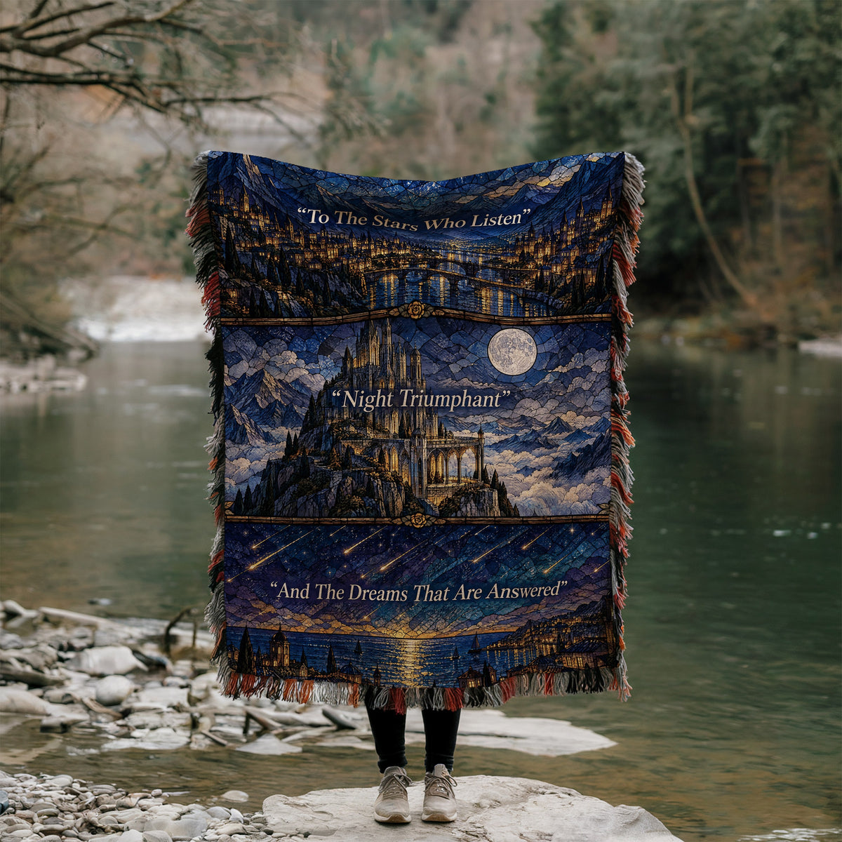 Night Court Stained Glass Woven Throw Blanket held up by a river
