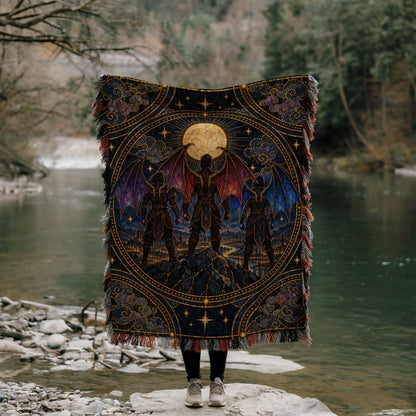 Illyrian Trio Stained Glass Woven Throw Blanket held up by a river